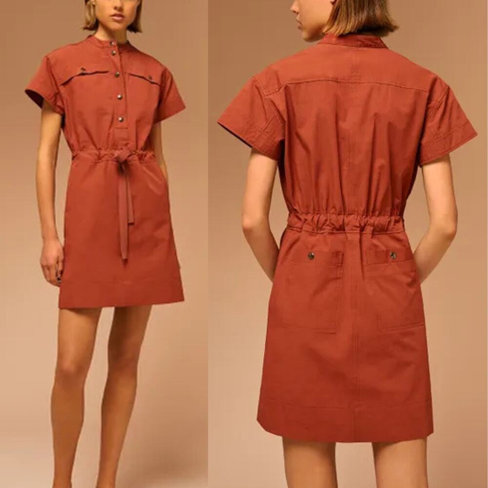 Soeur Mia Technical Rust Red Cotton Canvas Belted Short Sleeve Mini Dress
